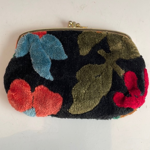 Vintage clutch purse wallet fabric floral black compartments gold snaps